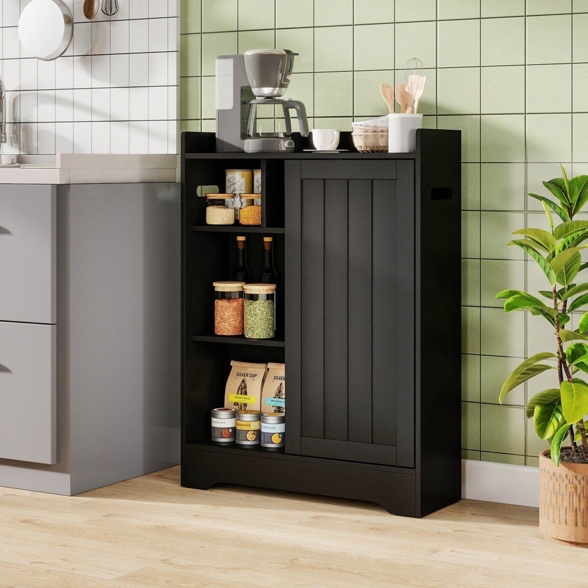 Kompaktiška vonios spintelė su laikikliais ir stalčiais (Juoda)