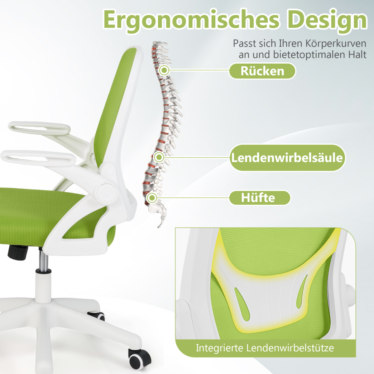 Ergonomiška biuro kėdė su atlenkiamomis atramomis ir svyravimo funkcija (Žalia)