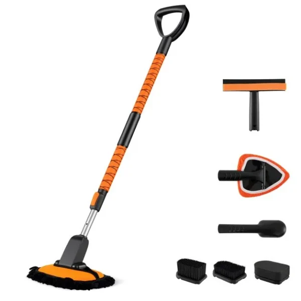 Automobilio plovimo šepetys su prailginama rankena ir keičiamais antgaliais (Oranžinė)