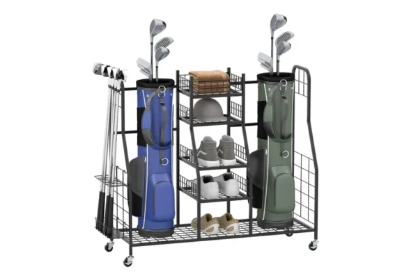 Daugiafunkcis golfo inventoriaus laikymo stovas su ratukais (Juoda)