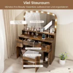 Kompaktiškas makiažo staliukas su įmontuota įkrovimo stotele ir LED veidrodžiu (Rustikalinė ruda)