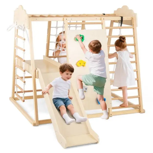 medinis-montessori-laipiojimo-ir-sporto-kompleksas-8-in-1 Medinis laipiojimo kompleksas 8-in-1 su strypais (Natūrali)