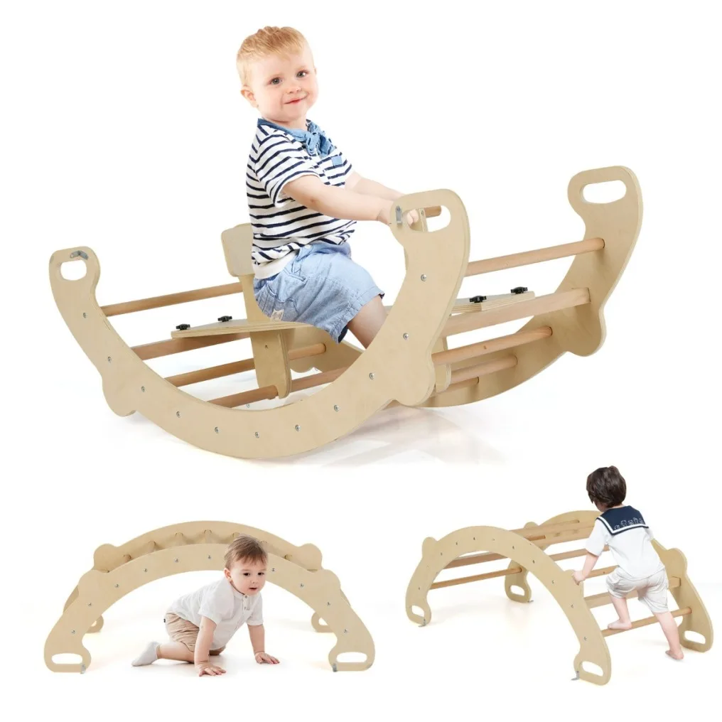 naturalus-medinis-montessori-4-in-1-supamasis-ir-laipiojimo-lankas Daugiafunkcis medinis žaidimų lankas su supynėmis (Natūrali)