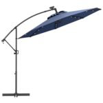 Sodo skėtis su 32 LED saulės lemputėmis ir rankenėle 300 cm (Tamsiai mėlyna)