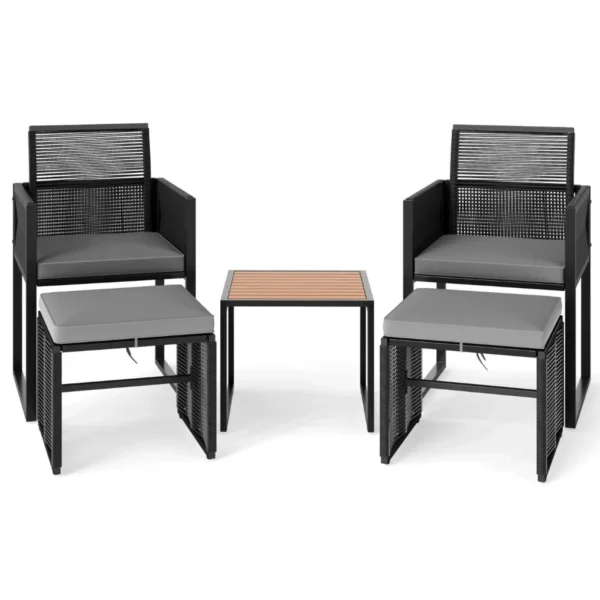 Sodo baldų komplektas su 2 kėdėmis 2 pufais ir staliuku (Juoda)