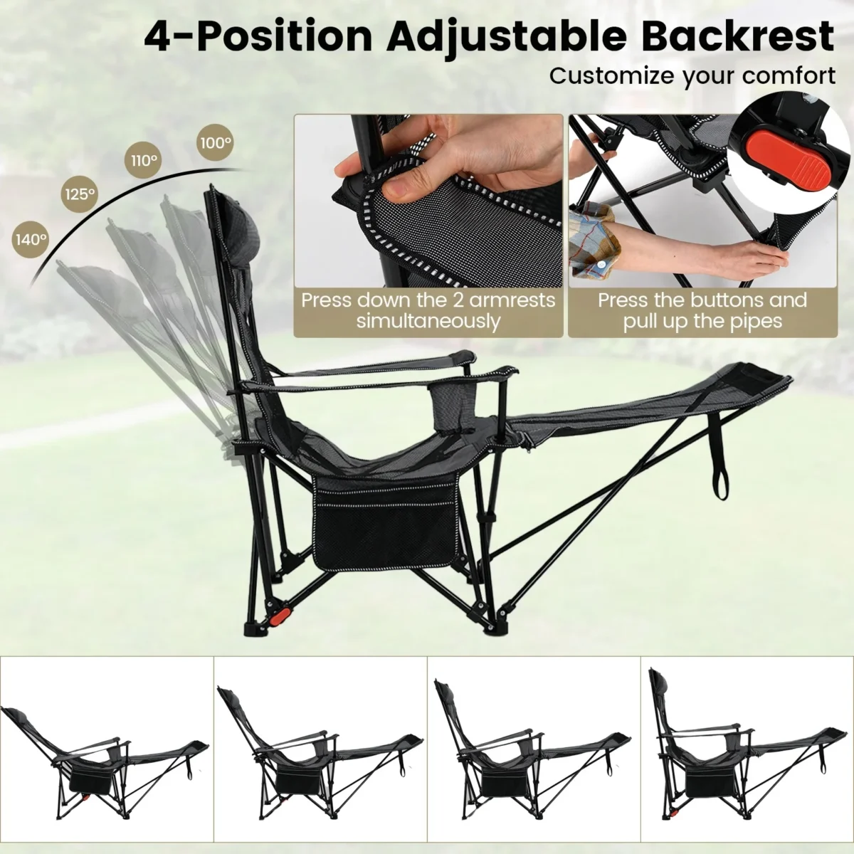 Sulankstomas lauko krėslas su atlenkiama atrama ir kojų atrama (Pilka)