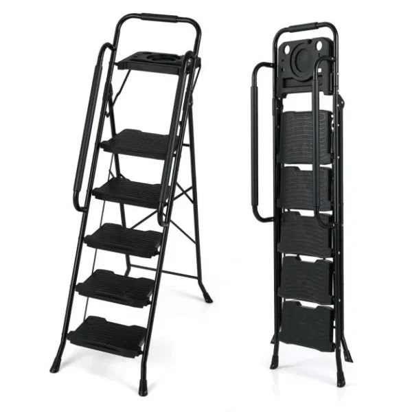 5 laiptelių sulankstomos kopėčios su įrankių padėklu (Juoda)