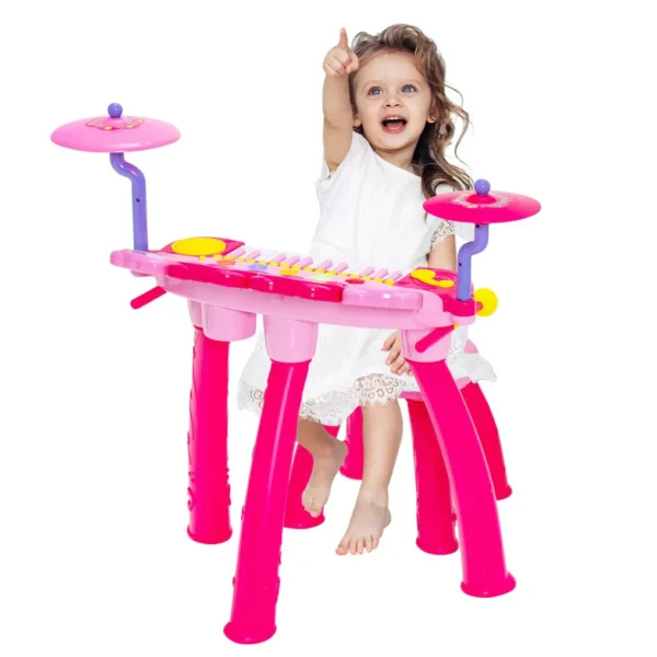 Elektroninis muzikos instrumentų rinkinys vaikams su mikrofonu ir taburete (Rožinė)