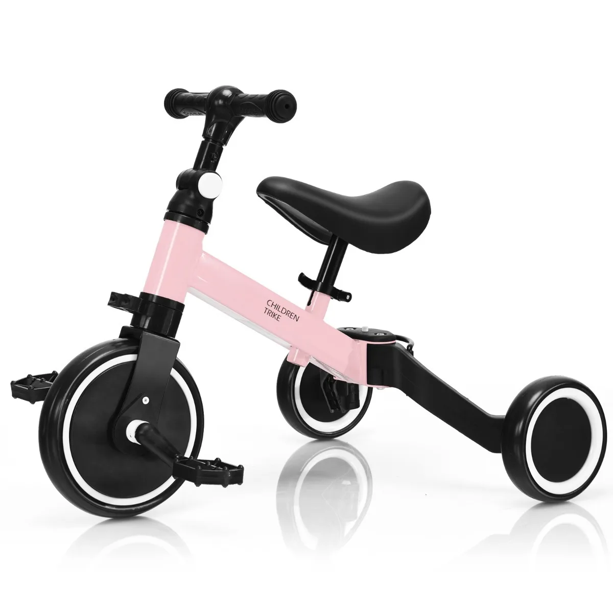 vaikiskas-triratukas-dviratukas-be-pedalu-rozinis Vaikiškas 3-in-1 triratukas balansinis dviratukas ir stumdukas (Rožinė)