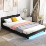 140 x 200 cm Dvigulė Lova su LED Apšvietimu ir Apmušalu (Juoda)