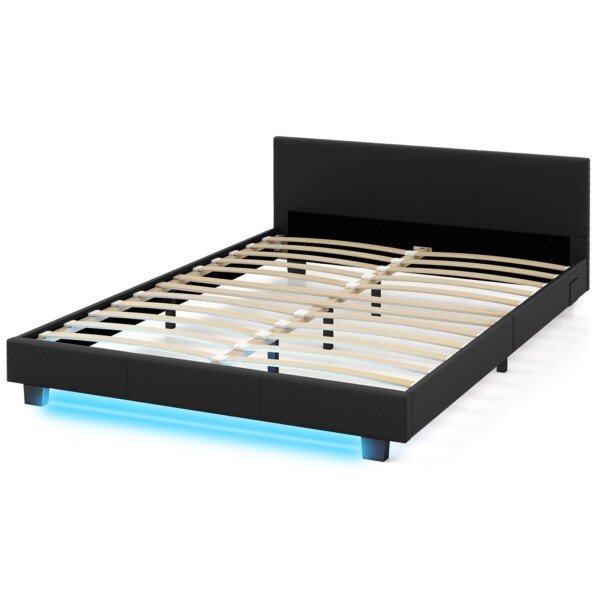 140 x 200 cm Dvigulė Lova su LED Apšvietimu ir Apmušalu (Juoda)