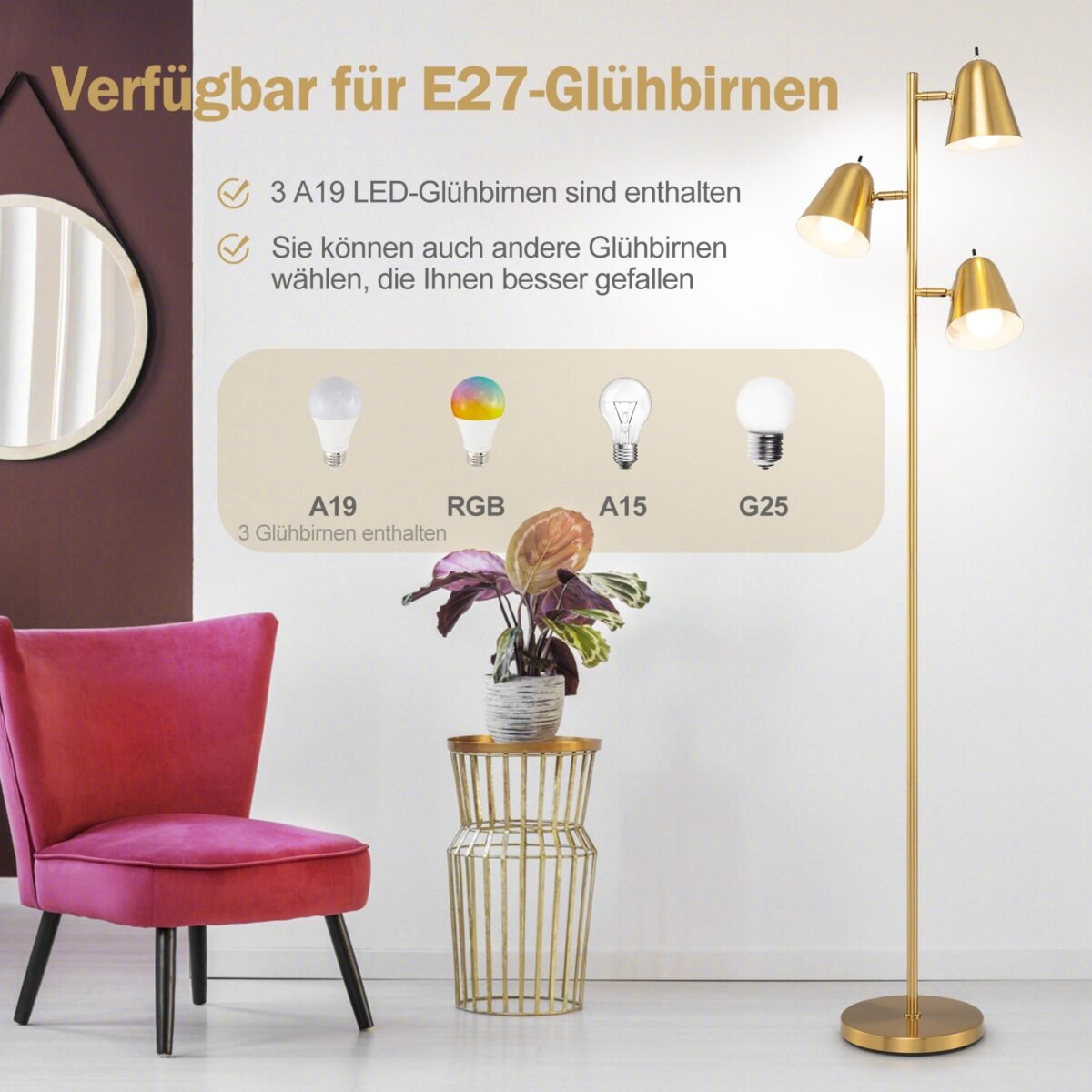 Pastatomas šviestuvas su 3 reguliuojamais gaubtais (Auksinė) – Paveikslėlis 4