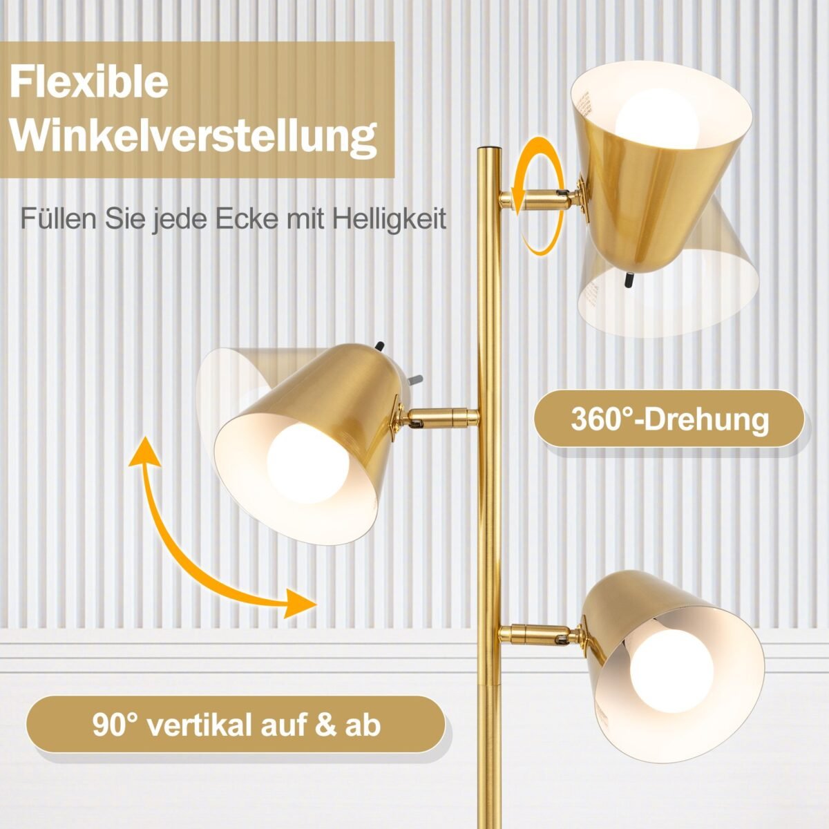 Pastatomas šviestuvas su 3 reguliuojamais gaubtais (Auksinė) – Paveikslėlis 5