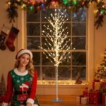 186 cm Dirbtinis Beržas su Šiltomis Baltomis LED Lemputėmis (Sidabrinė)