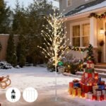 186 cm Dirbtinis Beržas su Šiltomis Baltomis LED Lemputėmis (Sidabrinė)