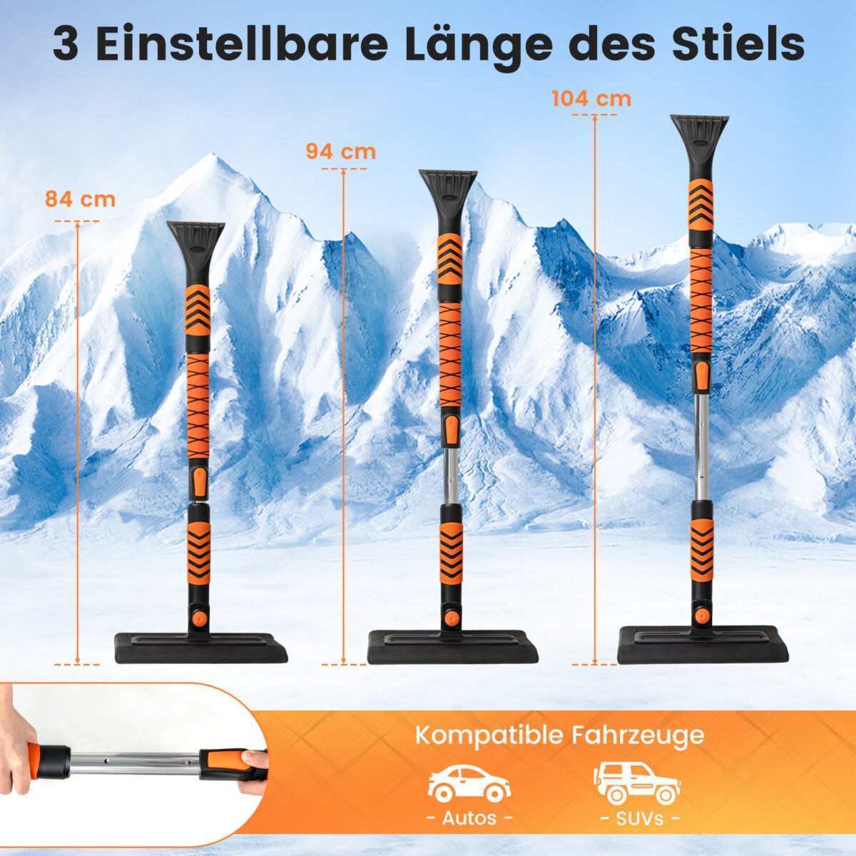 Automobilinis sniego šepetys ir ledo grandiklis su reguliuojama teleskopine rankena ir 180° pasukama galva (Oranžinė) – Paveikslėlis 2