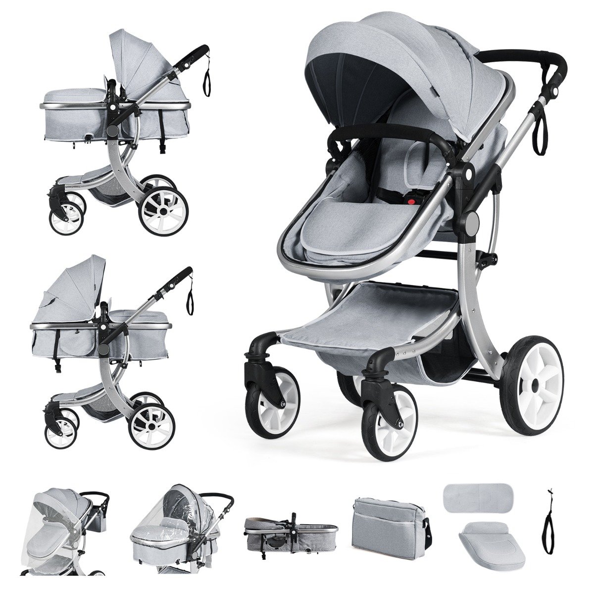 2-in-1 sulankstomas kūdikių vežimėlis-lopšys su reguliuojama nugarėlės atrama (Pilka)