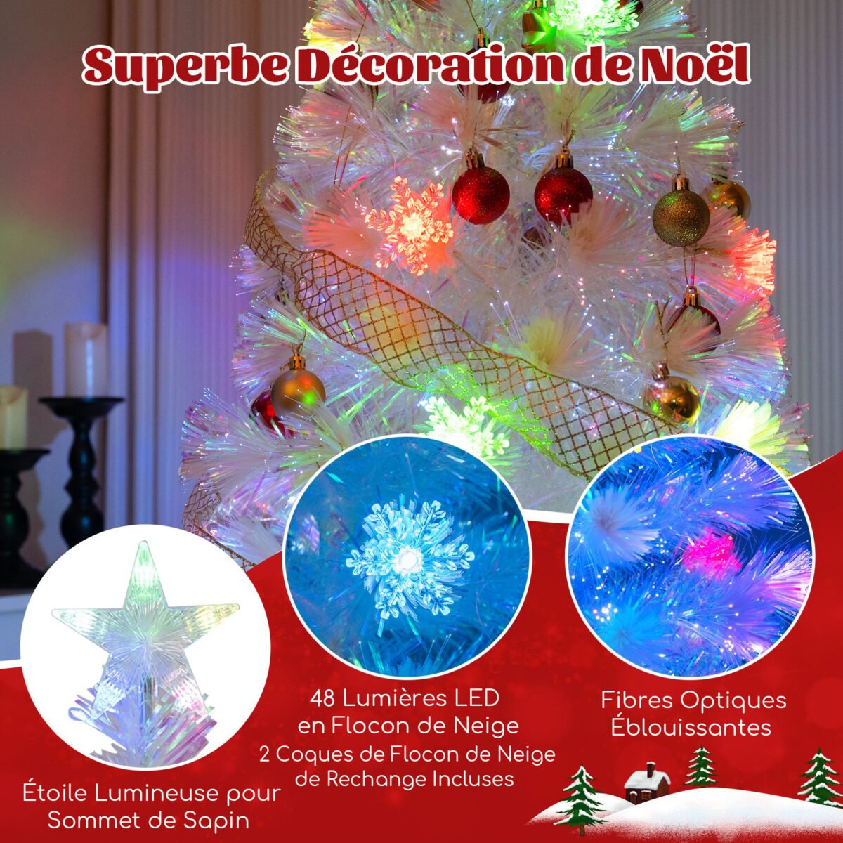 210 cm dirbtinė Kalėdų eglutė su LED apšvietimu ir optiniu pluoštu (Balta)