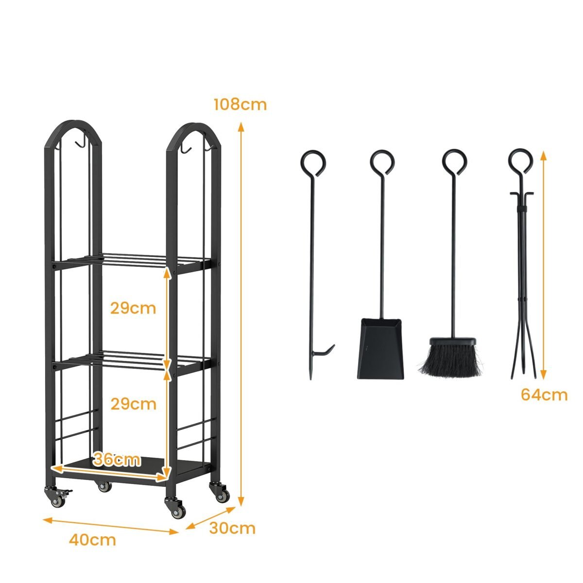 3-pakopė mobili malkinė su įrankiais vidaus ir lauko naudojimui (Juoda)