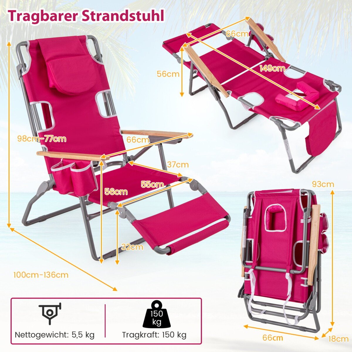 3 viename sulankstomas paplūdimio krėslas su reguliuojamu atlošu ir pėdų atrama (Raudona)