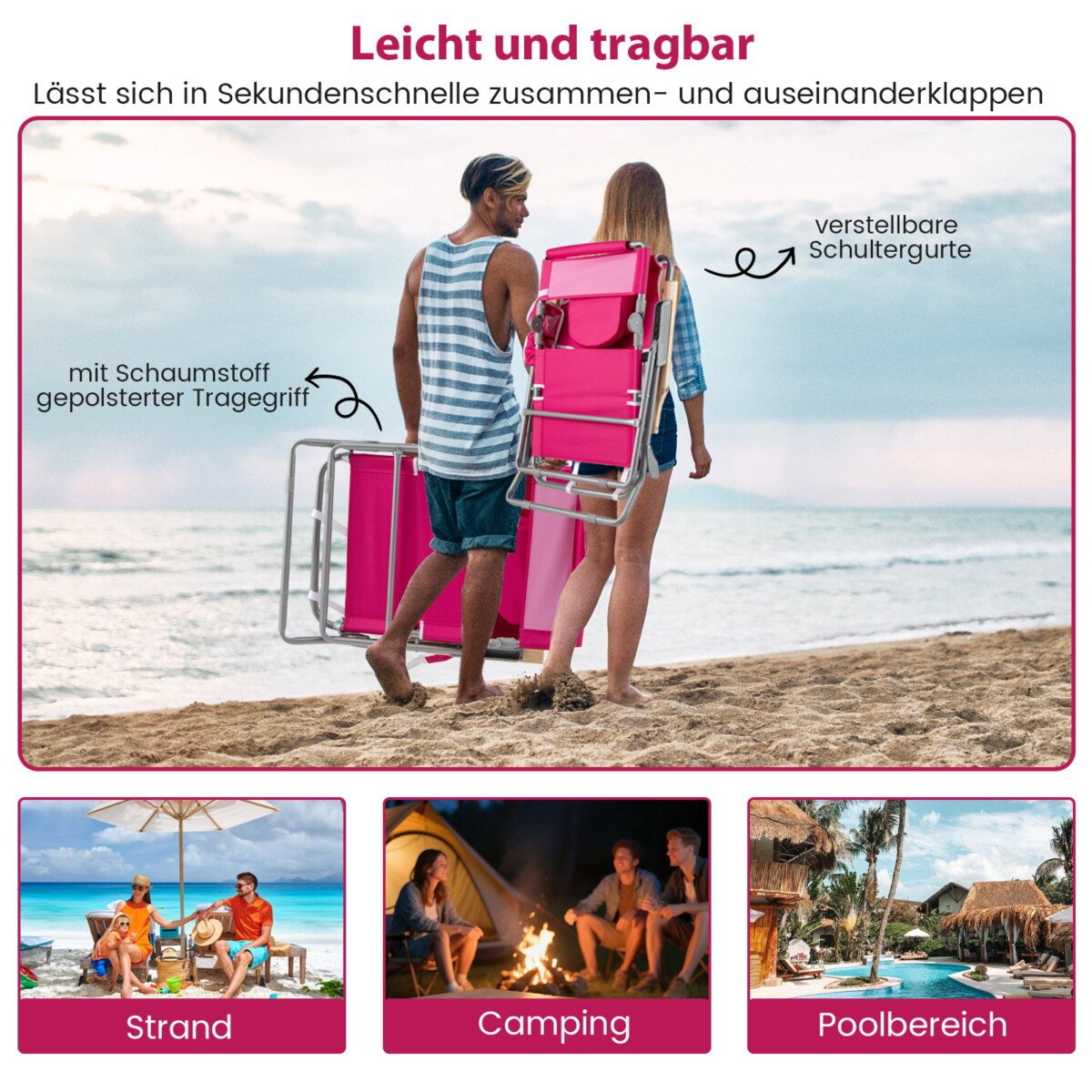 3 viename sulankstomas paplūdimio krėslas su reguliuojamu atlošu ir pėdų atrama (Raudona)