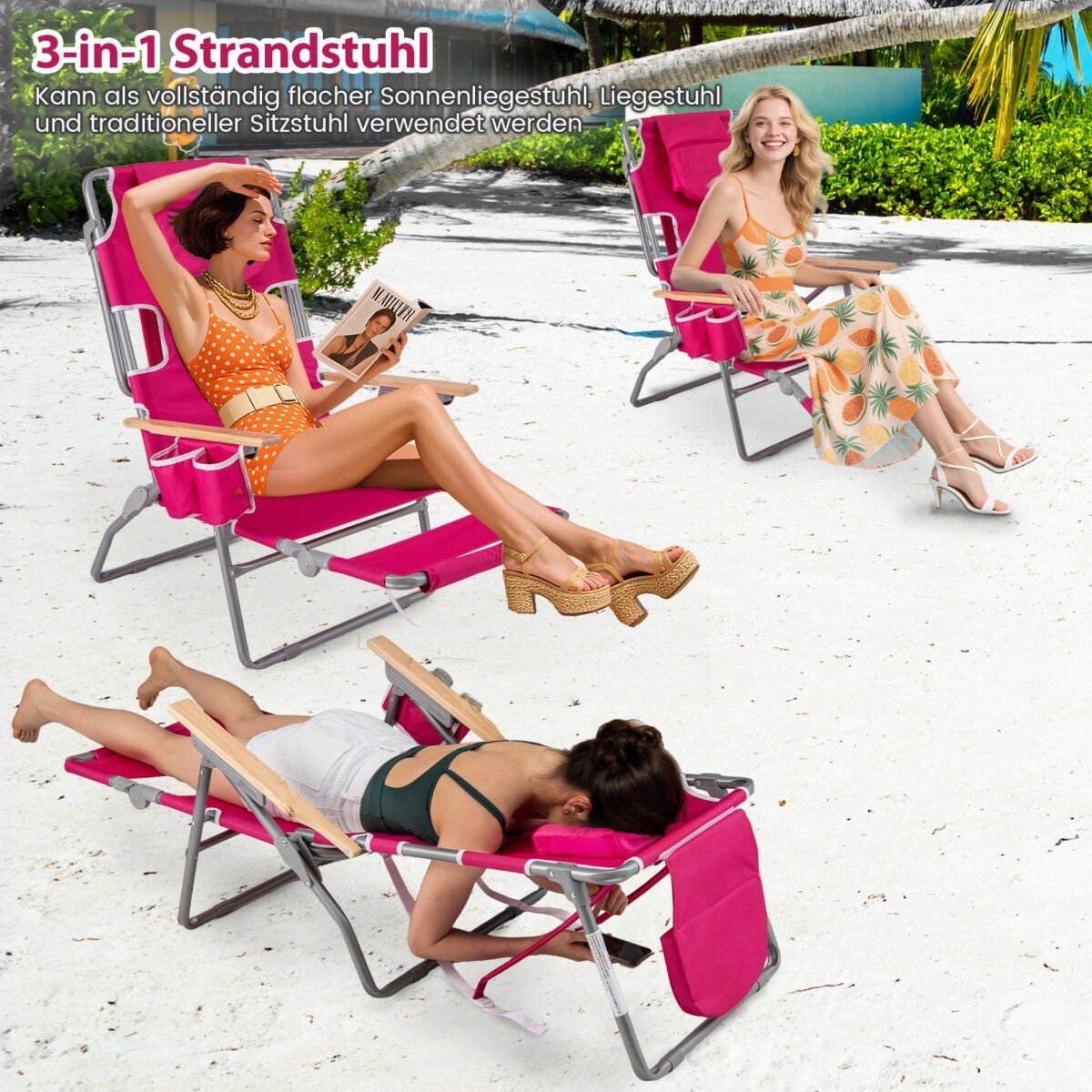 3 viename sulankstomas paplūdimio krėslas su reguliuojamu atlošu ir pėdų atrama (Raudona)