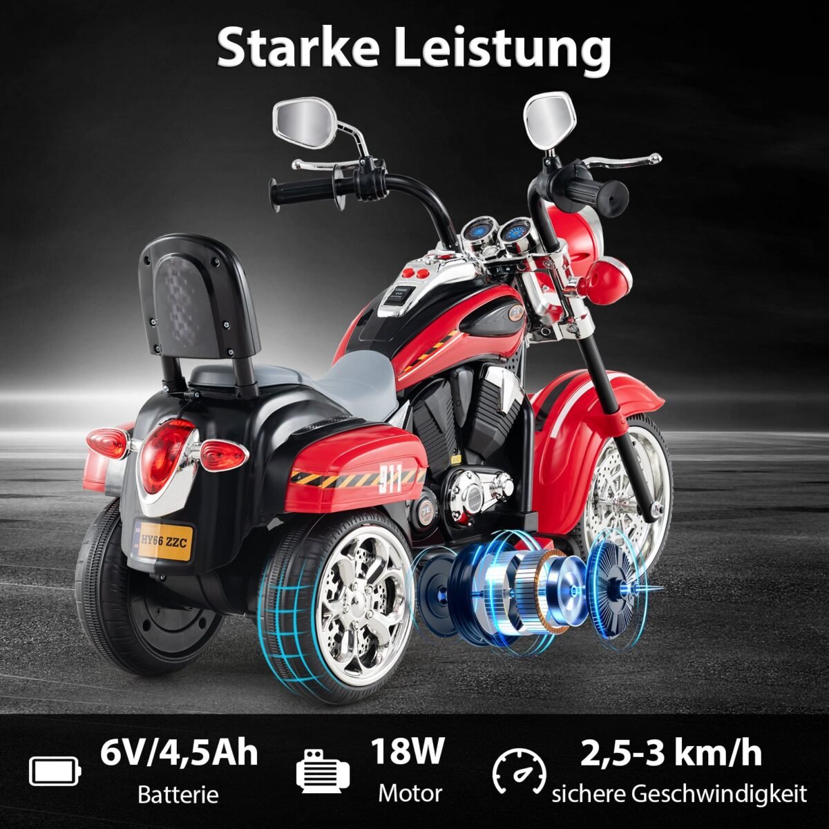 Elektrinis triratis motociklas vaikams su reguliuojamais žibintais ir garso efektais 6V (Raudona) – Paveikslėlis 3