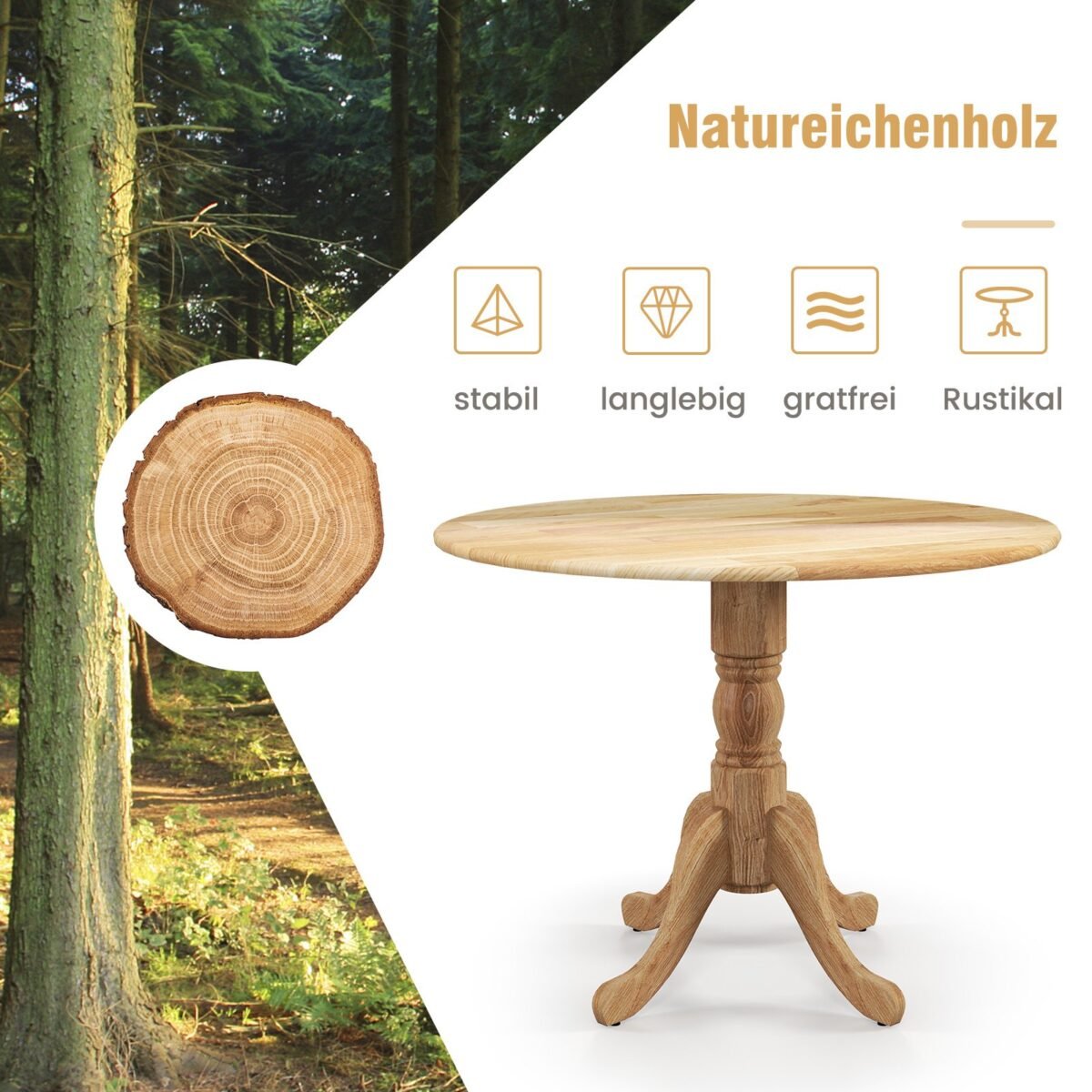 Apvalus valgomojo stalas iš guminmedžio masyvo 4 asmenims su pagrindu (Natūrali)