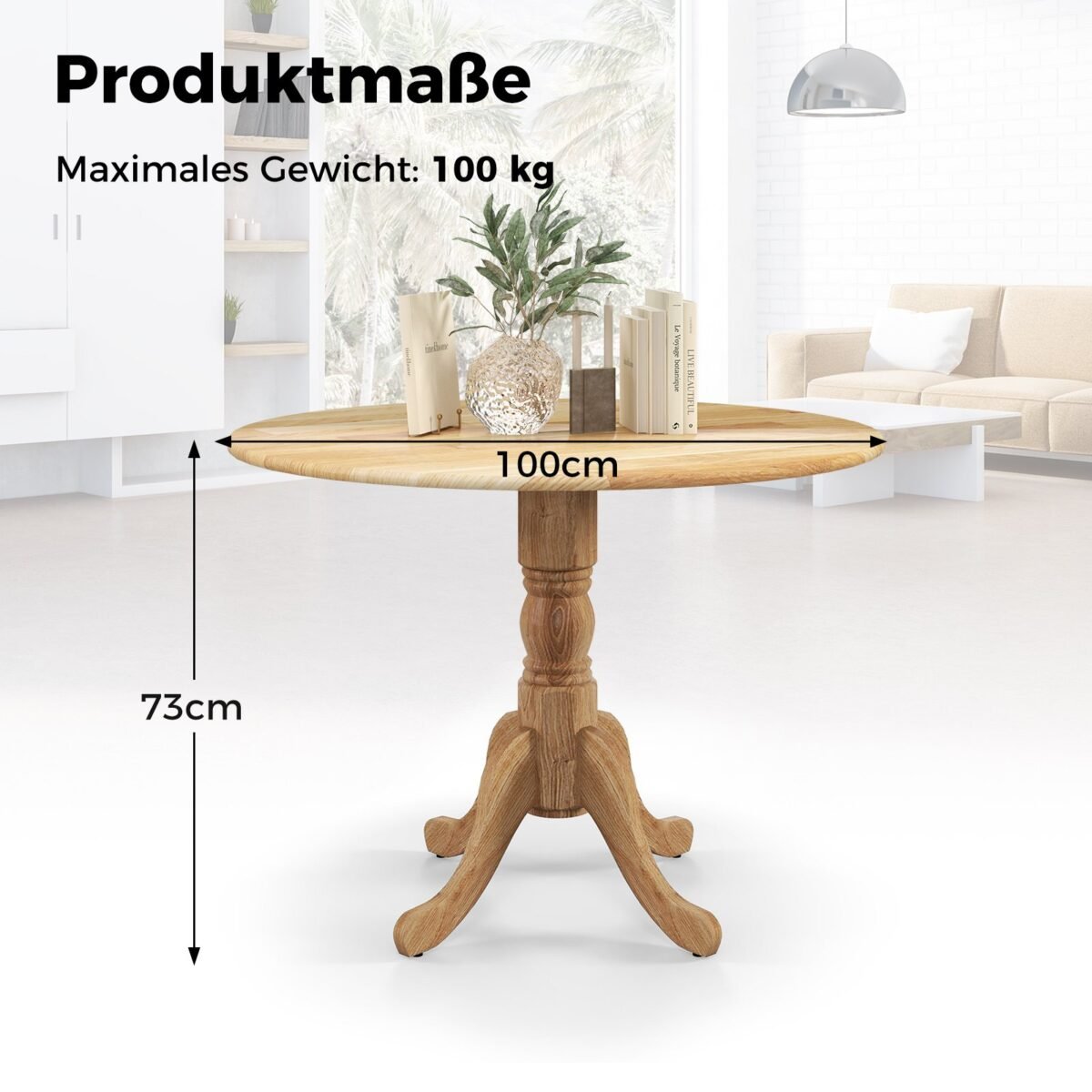 Apvalus valgomojo stalas iš guminmedžio masyvo 4 asmenims su pagrindu (Natūrali)