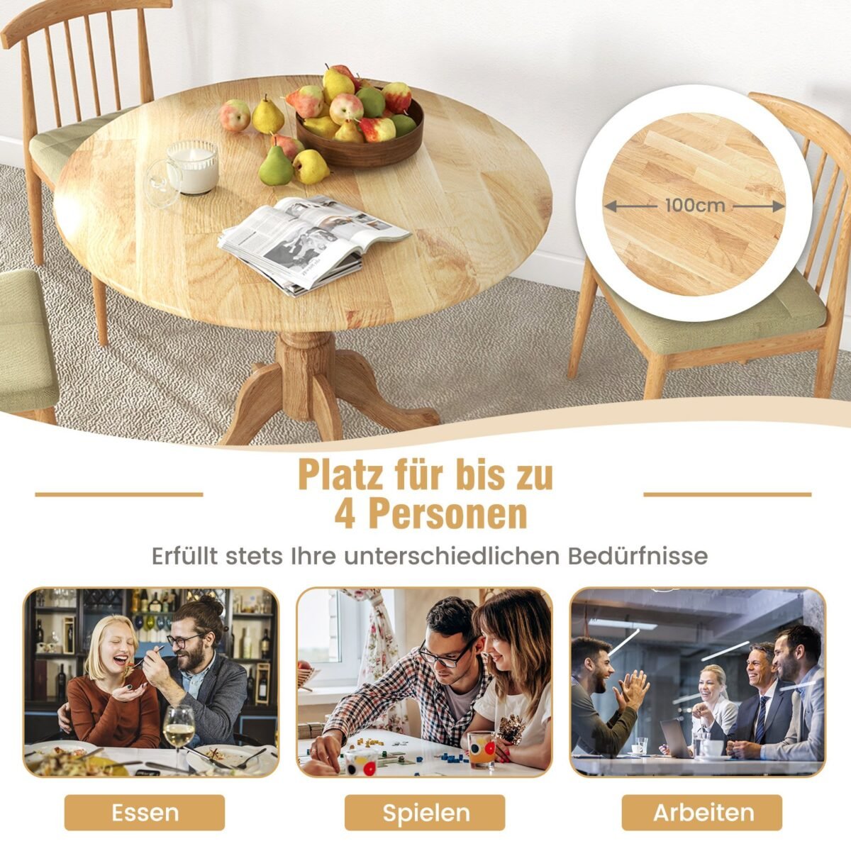 Apvalus valgomojo stalas iš guminmedžio masyvo 4 asmenims su pagrindu (Natūrali)