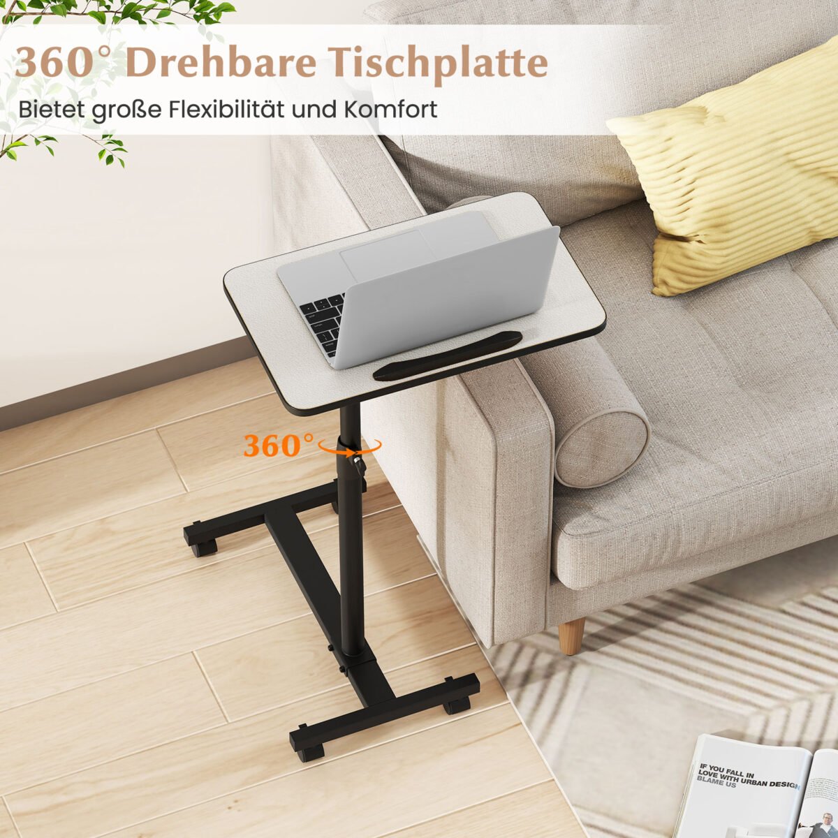 Aukščio reguliuojamas C formos šoninis staliukas su pasukamu ir pakreipiamu stalviršiu bei ratukais (Pilka)