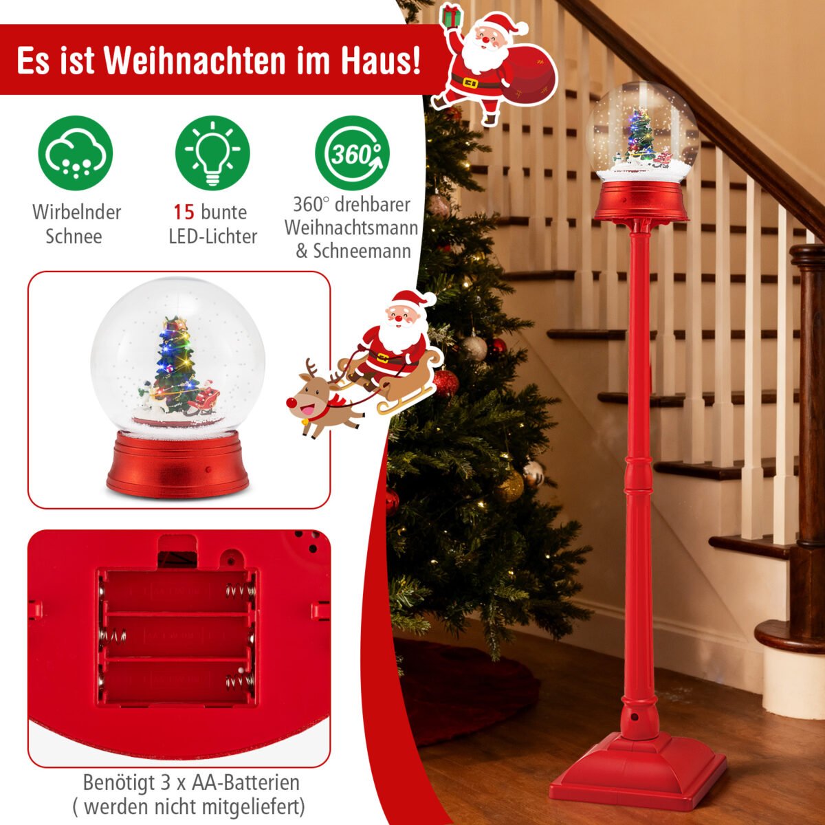 Aukštas Kalėdinis muzikinis gatvės žibintas su sniego gaubliu ir 8 melodijomis (Raudona) – Paveikslėlis 4