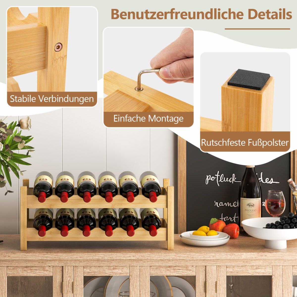 Bambusinis 2 aukštų vyno stovas 12 butelių (Natūrali)