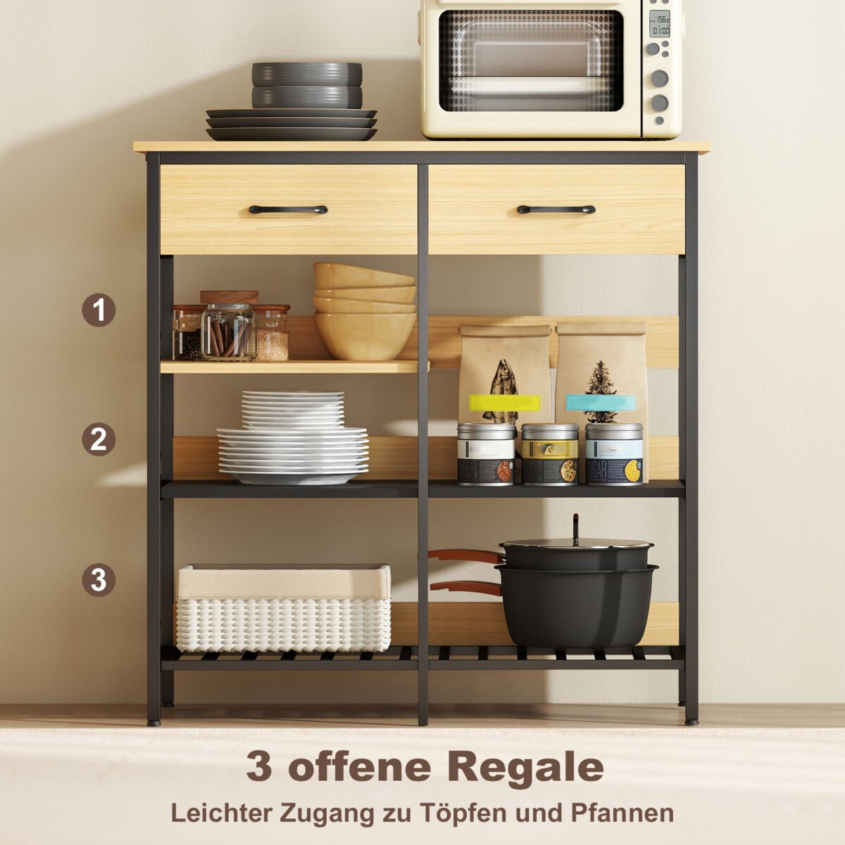 Bufetas su plieniniu rėmu, 2 stalčiais ir 3 atviromis lentynomis