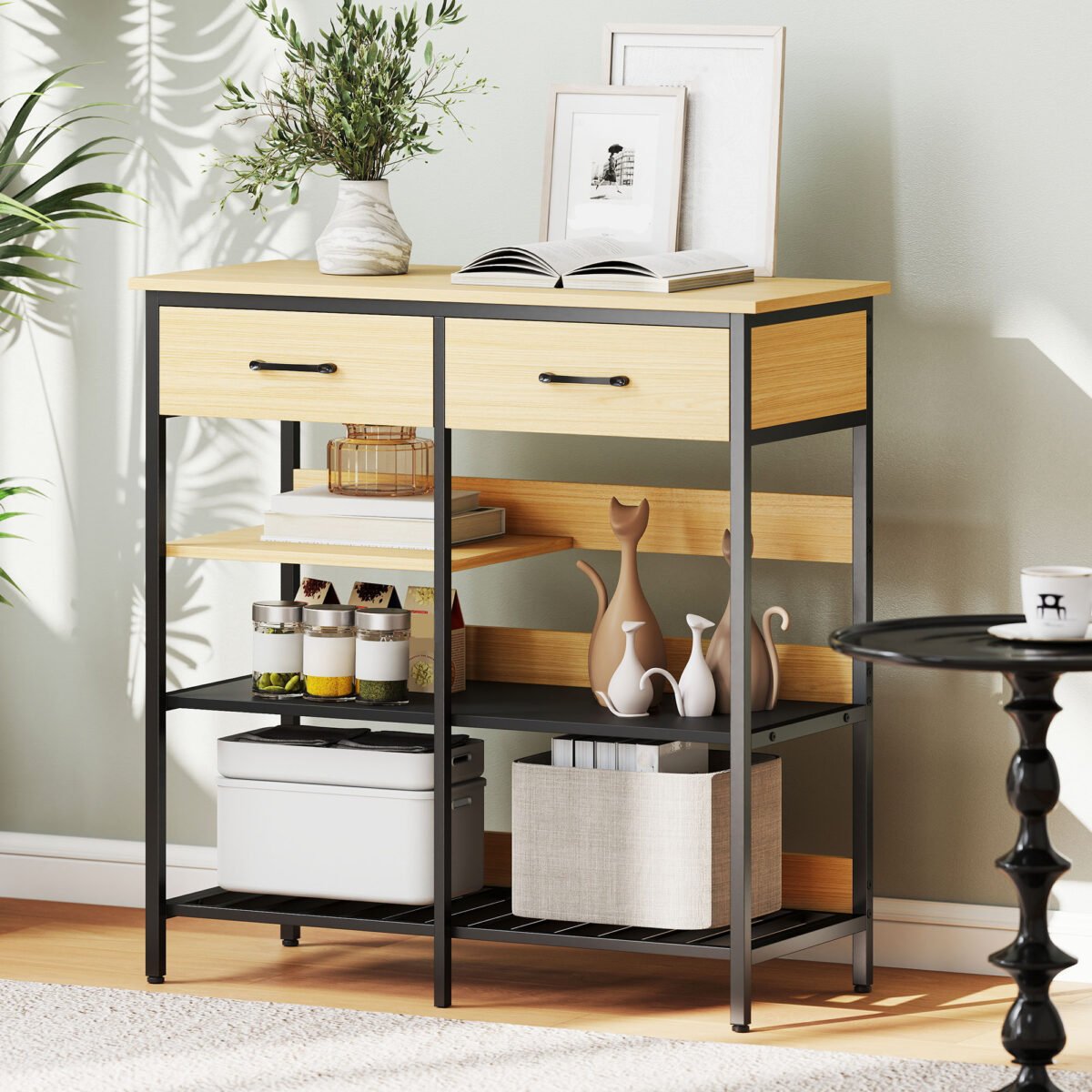 Bufetas su plieniniu rėmu, 2 stalčiais ir 3 atviromis lentynomis