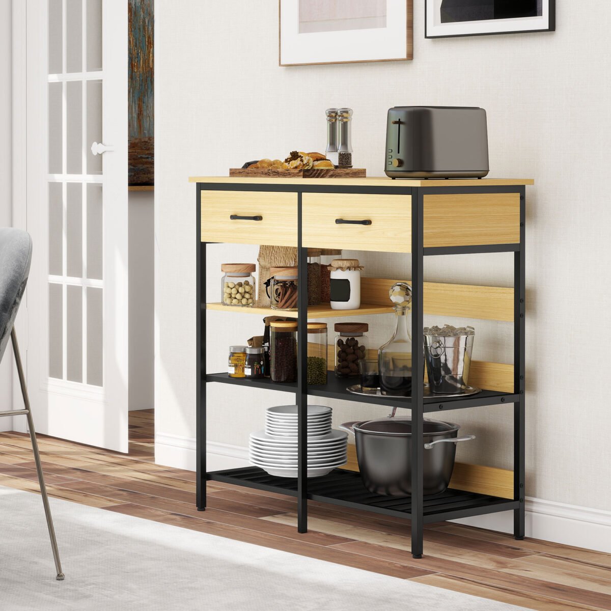 Bufetas su plieniniu rėmu, 2 stalčiais ir 3 atviromis lentynomis