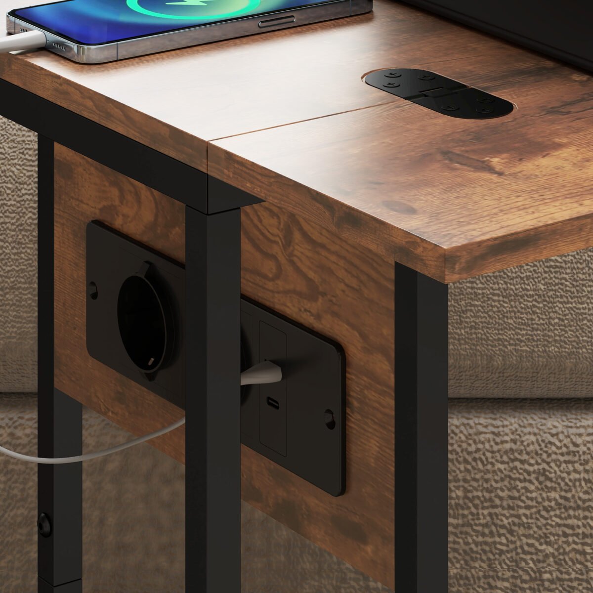 C formos staliukas su išskleidžiamu stalviršiu ir USB įkrovimo stotele