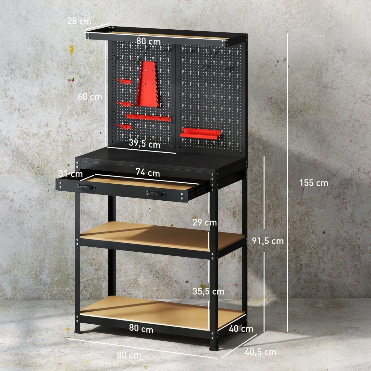 Darbastalis su perforuota sienele ir integruotomis laikymo vietomis