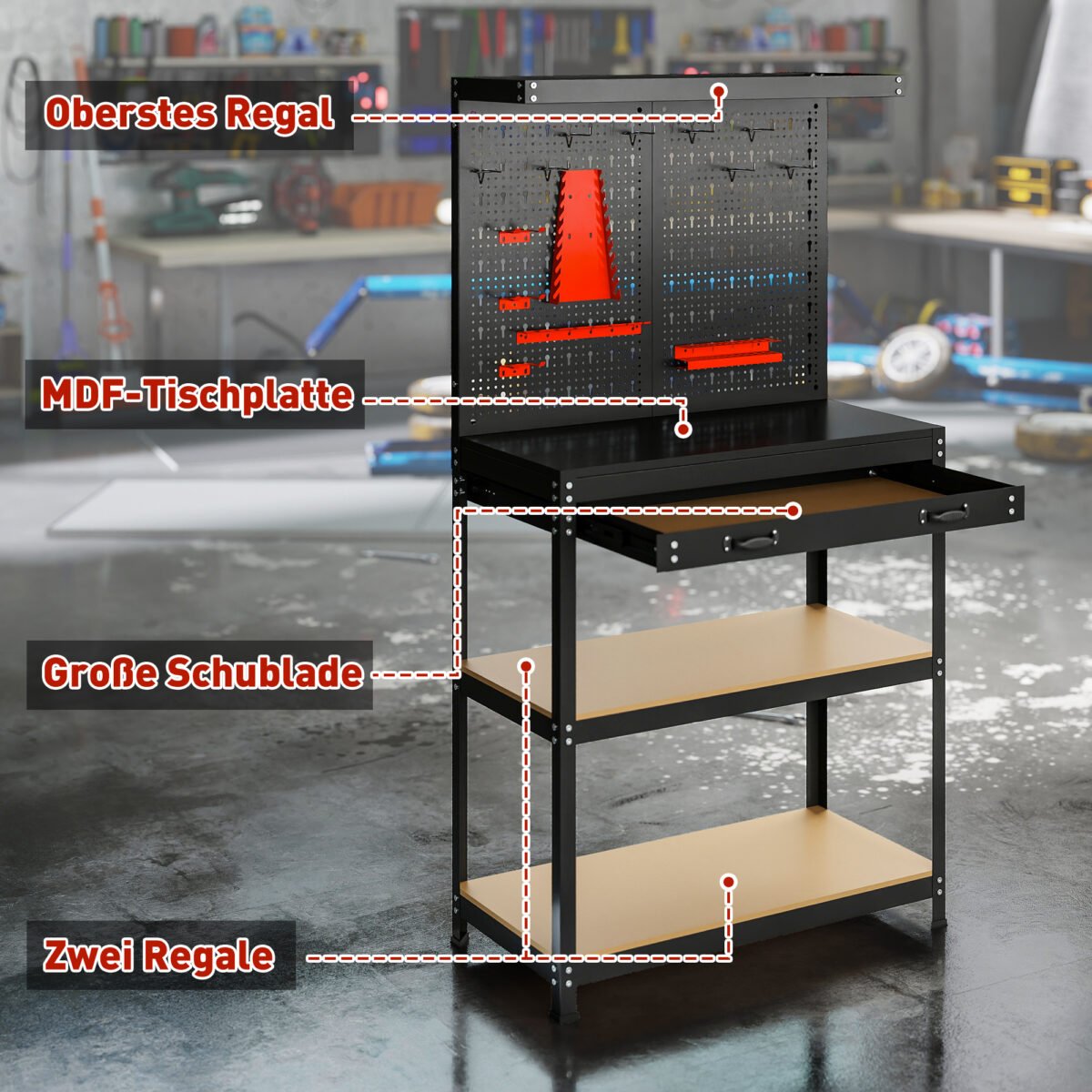 Darbastalis su perforuota sienele ir integruotomis laikymo vietomis