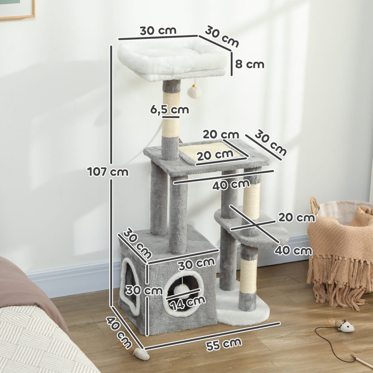 Daugiaaukštė kačių draskyklė 107 cm su būda ir sizalio stulpais