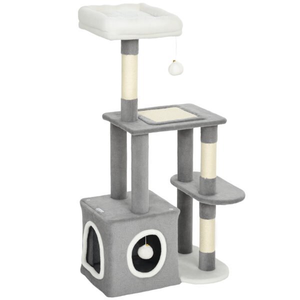 Daugiaaukštė kačių draskyklė 107 cm su būda ir sizalio stulpais