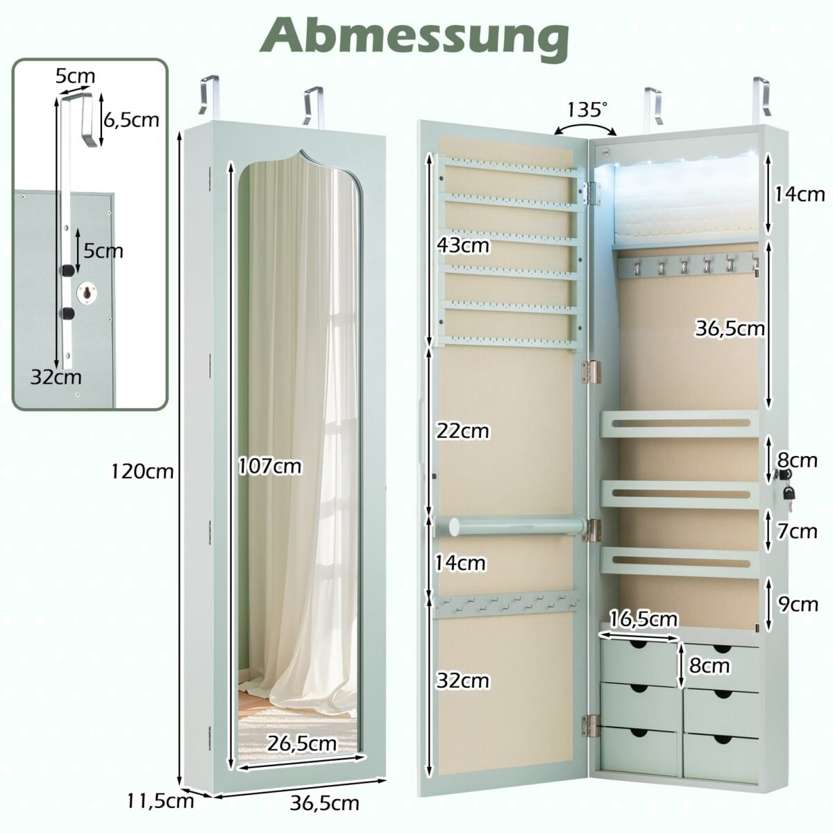 Daugiafunkcinė papuošalų spintelė su veidrodžiu ir LED apšvietimu (Žalia)