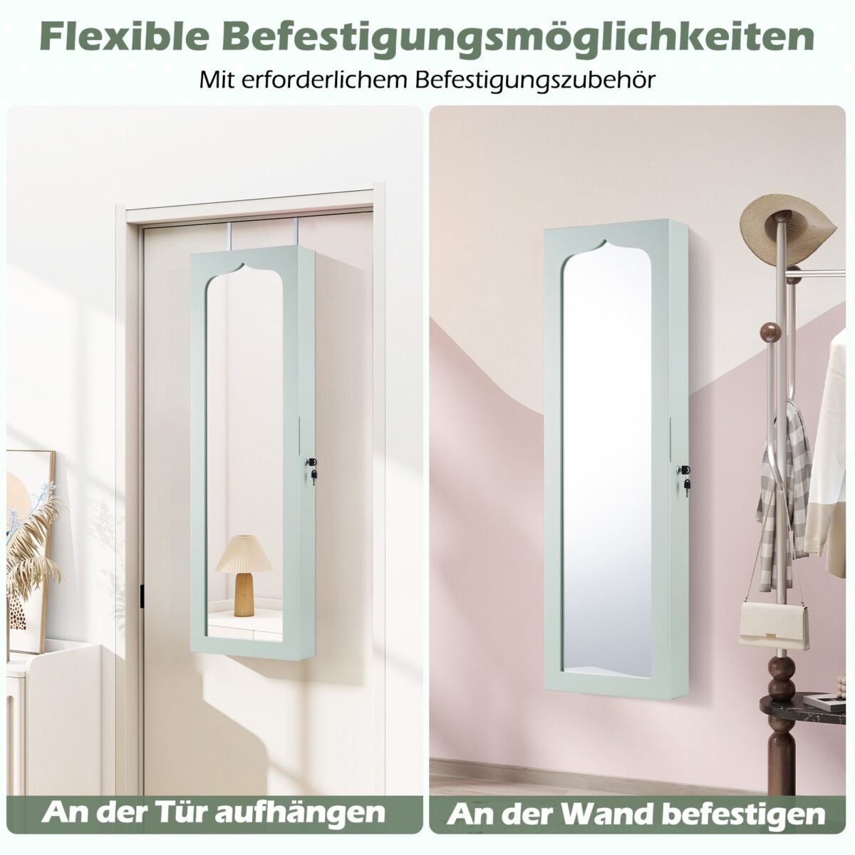 Daugiafunkcinė papuošalų spintelė su veidrodžiu ir LED apšvietimu (Žalia)