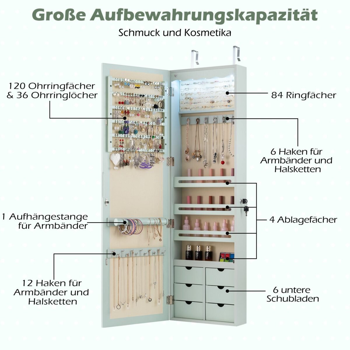 Daugiafunkcinė papuošalų spintelė su veidrodžiu ir LED apšvietimu (Žalia)