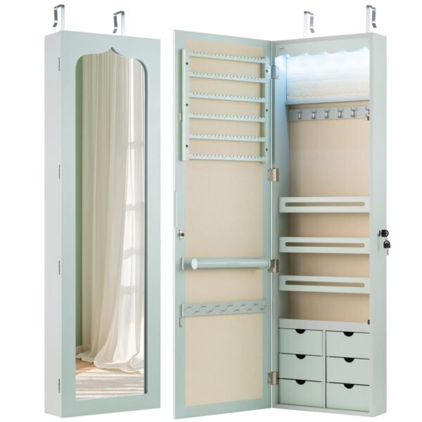 Daugiafunkcinė papuošalų spintelė su veidrodžiu ir LED apšvietimu (Žalia)