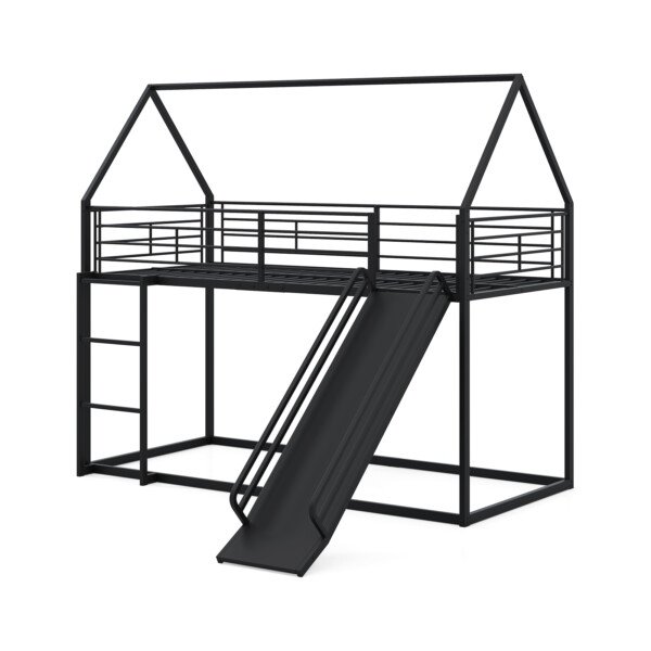 Dviaukštė lova su namelio rėmu čiuožykla ir metaline konstrukcija (Juoda)