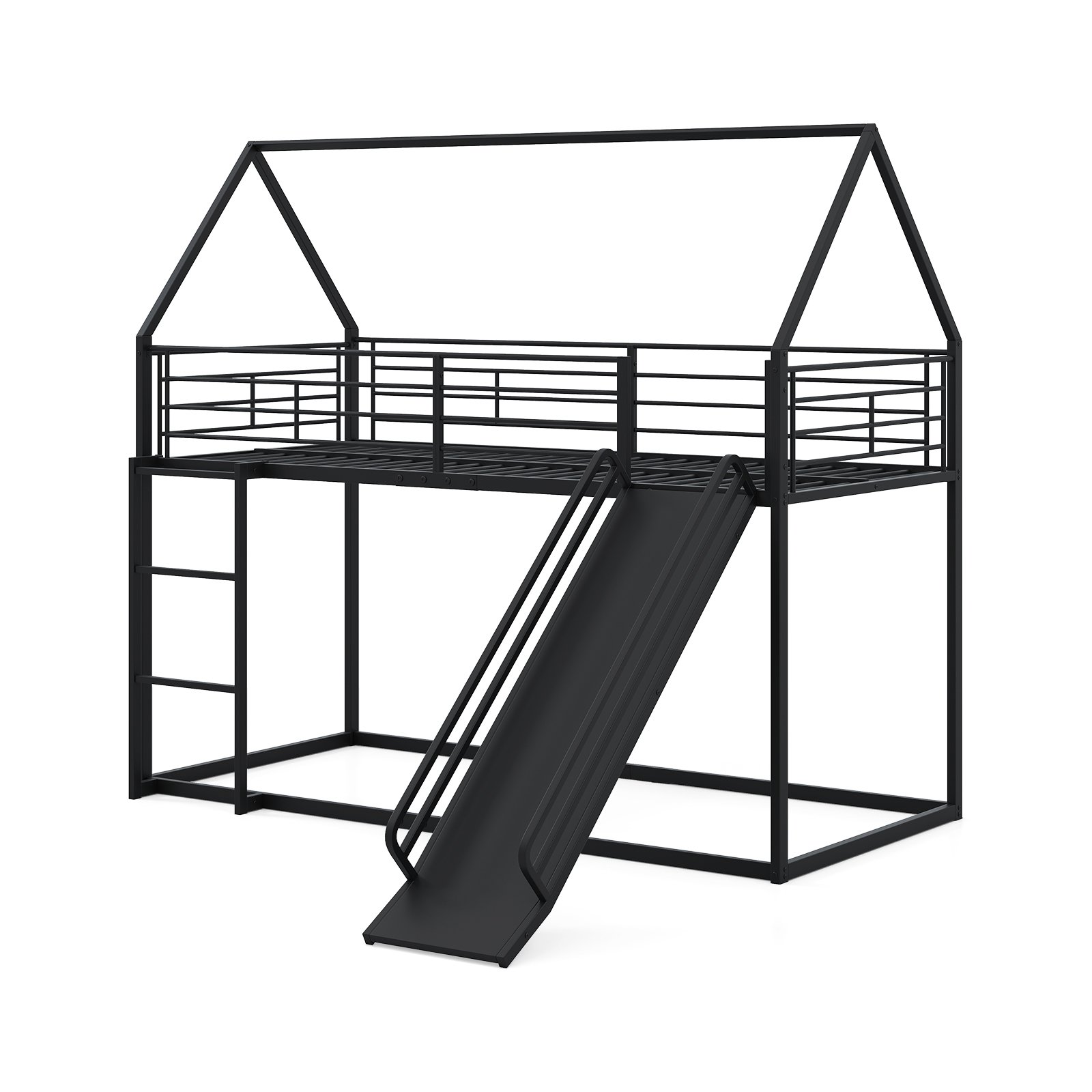 Dviaukštė lova su namelio rėmu čiuožykla ir metaline konstrukcija (Juoda)