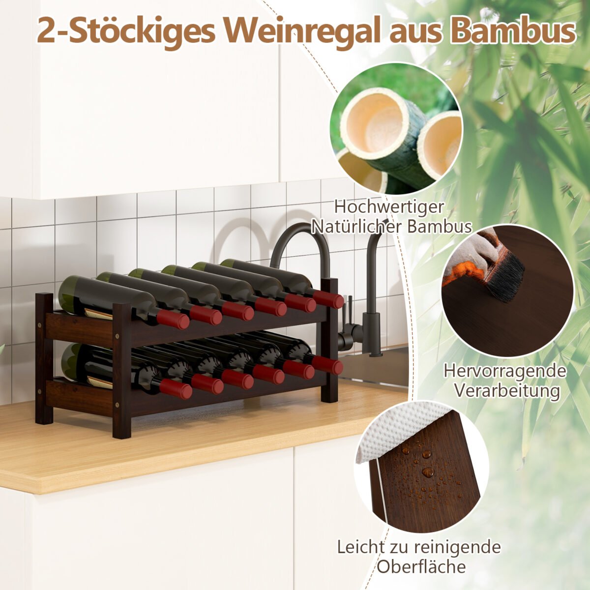 Dviejų aukštų bambuko vyno stovas 12 butelių (Ruda)