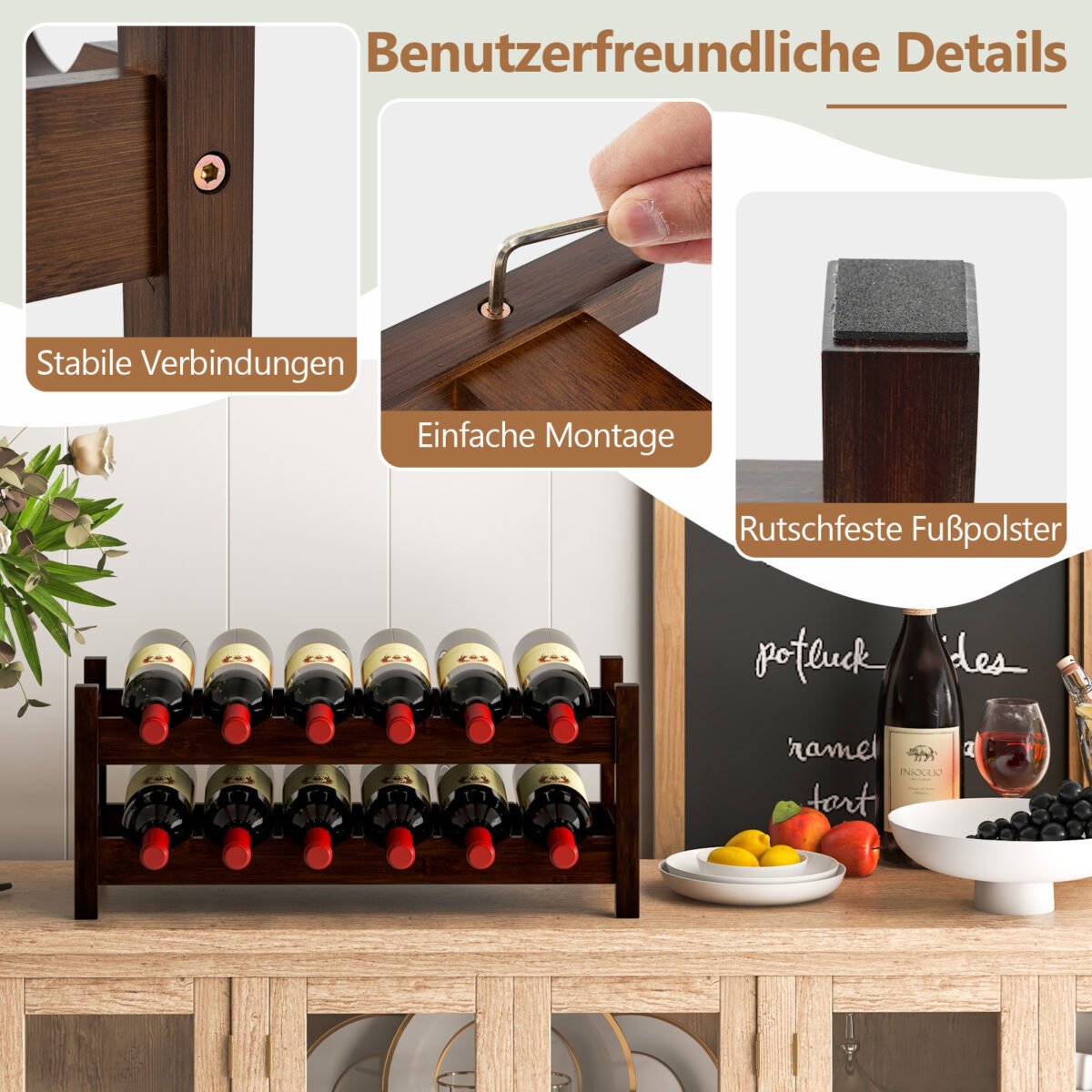 Dviejų aukštų bambuko vyno stovas 12 butelių (Ruda)