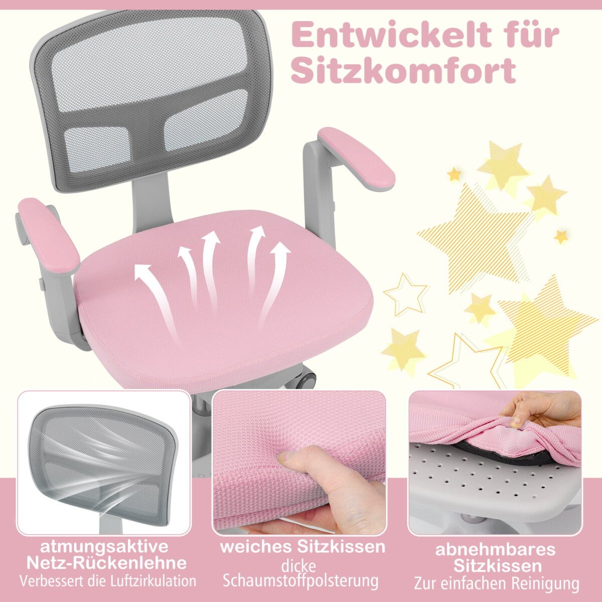 Ergonomiška vaikiška kėdė rašomajam stalui su reguliuojamu aukščiu ir pasukama sėdyne (Rožinė)